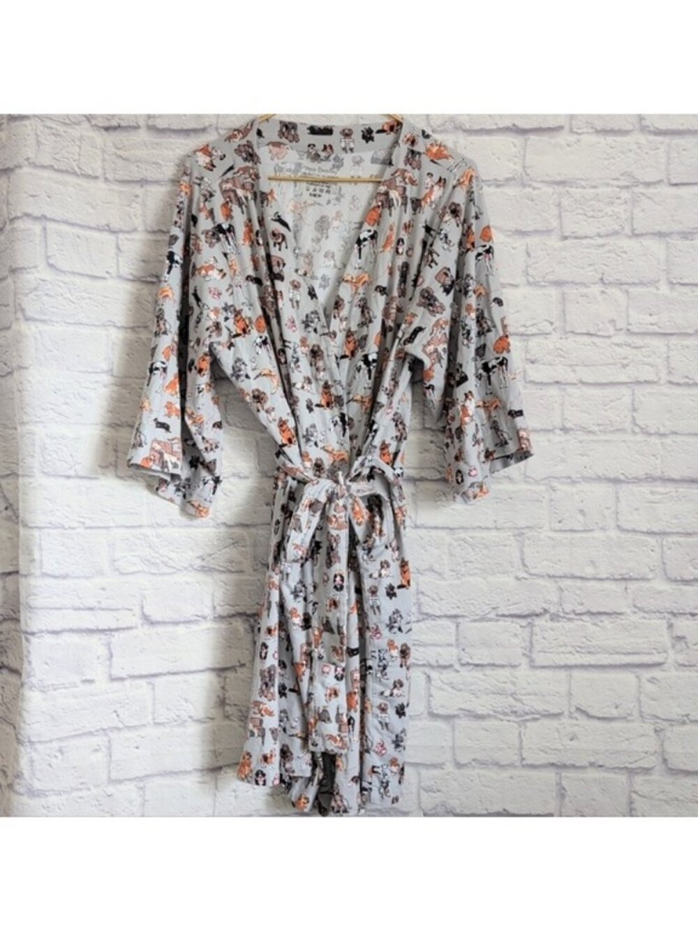 Vera Bradley Knit Jersey Robe S/M Dog Show Print Gray Brown Loungewear Comfy